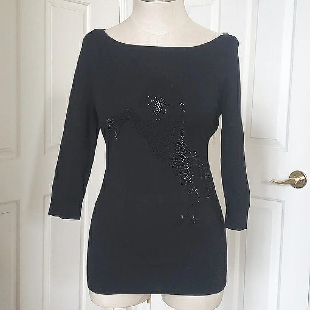 White House Black Market Black Crystal Horse Sweater Jewel Neck Keyhole XS S - Picture 4 of 14